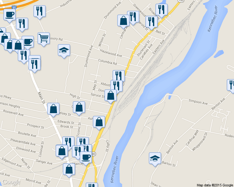 map of restaurants, bars, coffee shops, grocery stores, and more near 92 College Avenue in Waterville