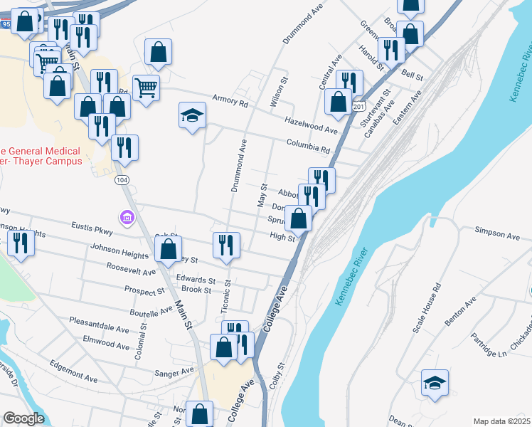 map of restaurants, bars, coffee shops, grocery stores, and more near 25 Spruce Street in Waterville