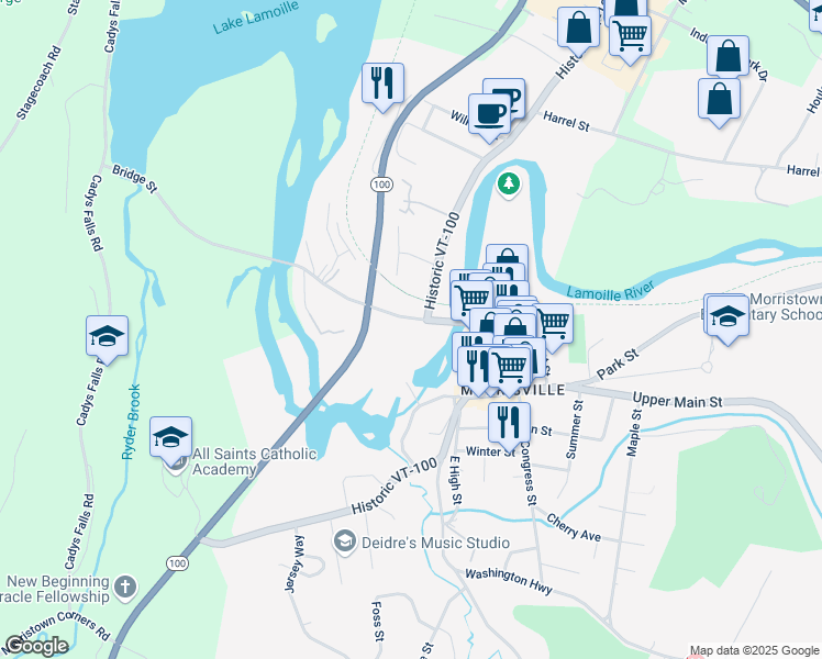 map of restaurants, bars, coffee shops, grocery stores, and more near 217 Bridge Street in Morristown