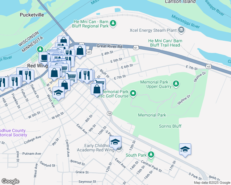 map of restaurants, bars, coffee shops, grocery stores, and more near 741 Potter Street in Red Wing
