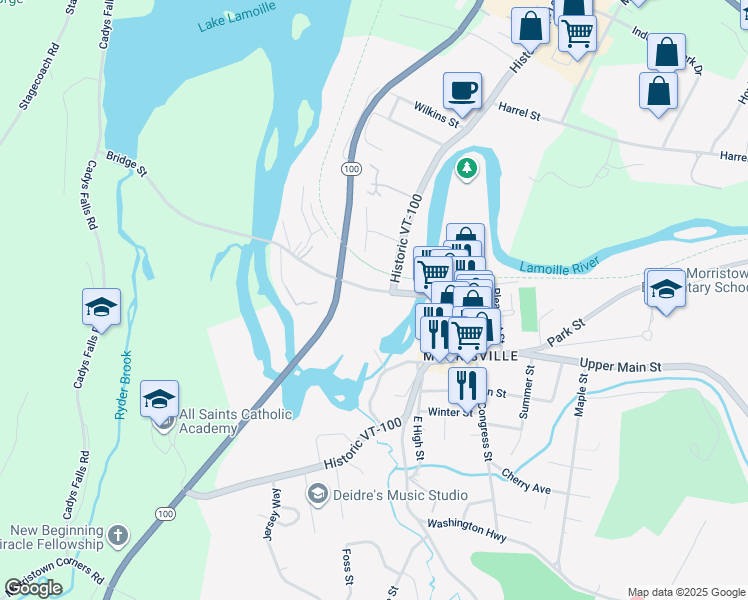 map of restaurants, bars, coffee shops, grocery stores, and more near 217 Bridge Street in Morristown