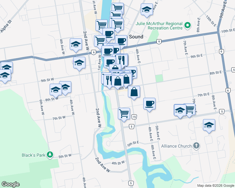 map of restaurants, bars, coffee shops, grocery stores, and more near 775 2nd Avenue East in Owen Sound