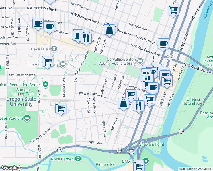 map of restaurants, bars, coffee shops, grocery stores, and more near 355 Southwest 10th Street in Corvallis
