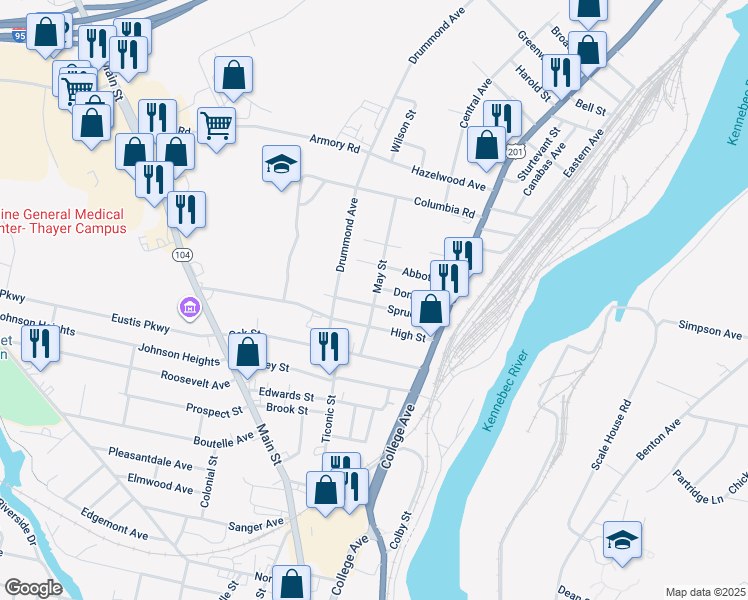 map of restaurants, bars, coffee shops, grocery stores, and more near 25 Spruce Street in Waterville