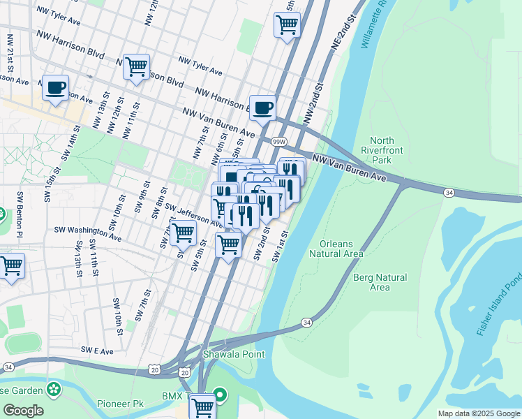 map of restaurants, bars, coffee shops, grocery stores, and more near 290 Southwest Madison Avenue in Corvallis