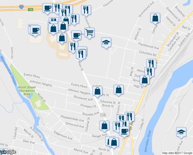 map of restaurants, bars, coffee shops, grocery stores, and more near 66 High Street in Waterville