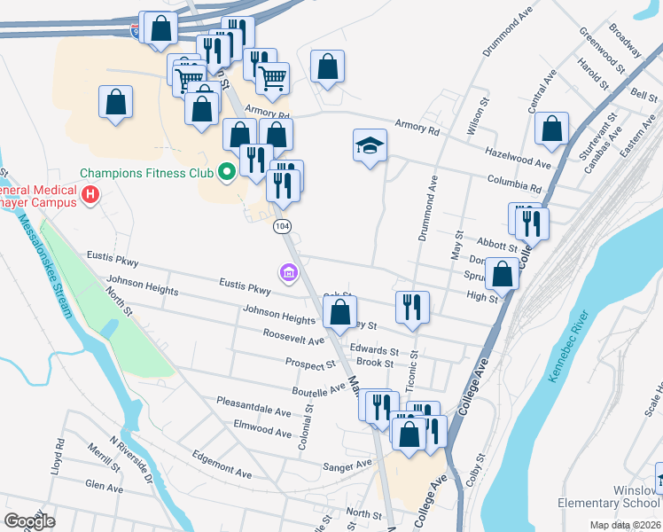 map of restaurants, bars, coffee shops, grocery stores, and more near 66 High Street in Waterville