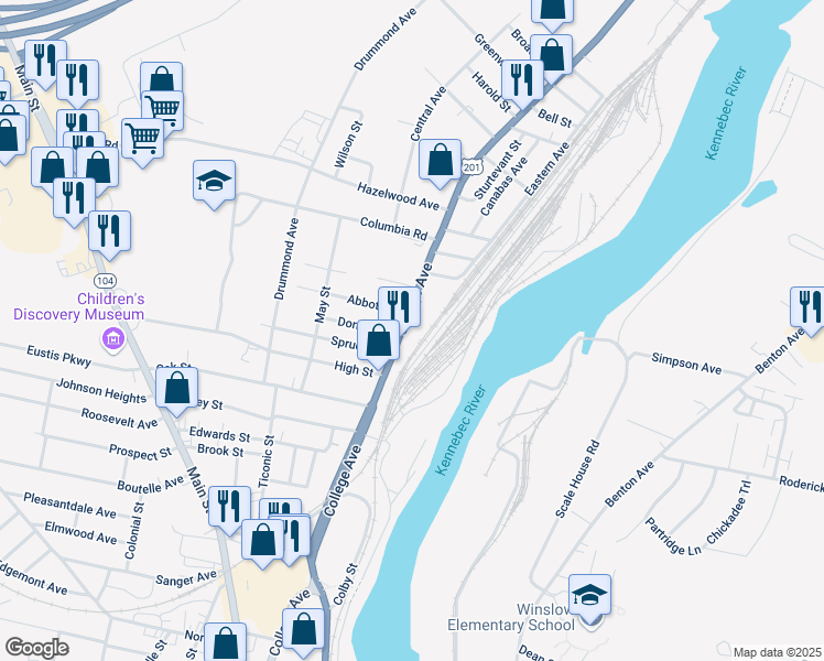 map of restaurants, bars, coffee shops, grocery stores, and more near 93 College Avenue in Waterville