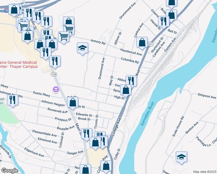 map of restaurants, bars, coffee shops, grocery stores, and more near 25 Spruce Street in Waterville