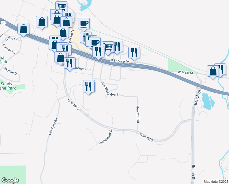 map of restaurants, bars, coffee shops, grocery stores, and more near 2916 Rivers Ridge Drive in Red Wing