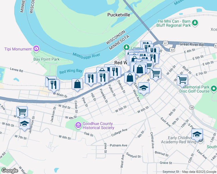 map of restaurants, bars, coffee shops, grocery stores, and more near 212 Fulton Street in Red Wing