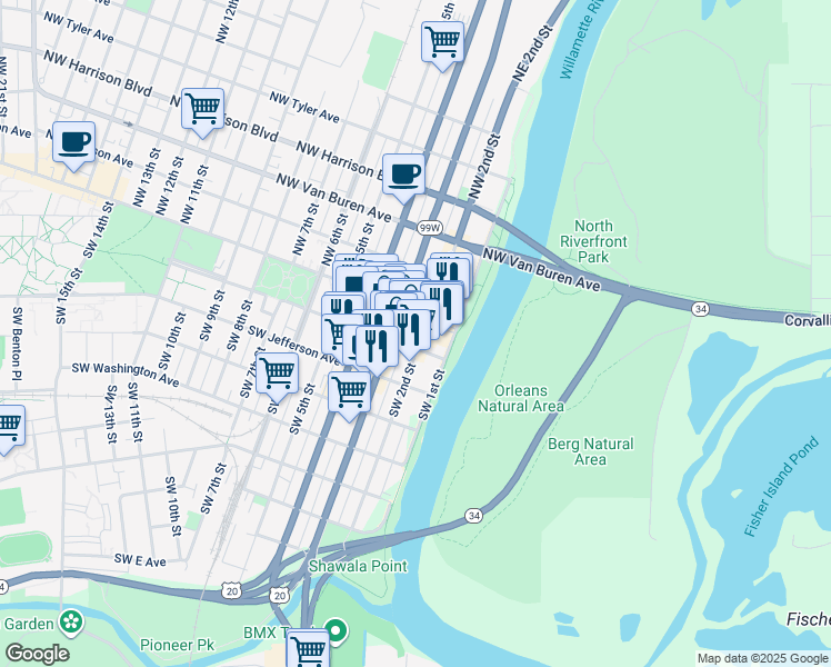 map of restaurants, bars, coffee shops, grocery stores, and more near 146 Southwest 2nd Street in Corvallis