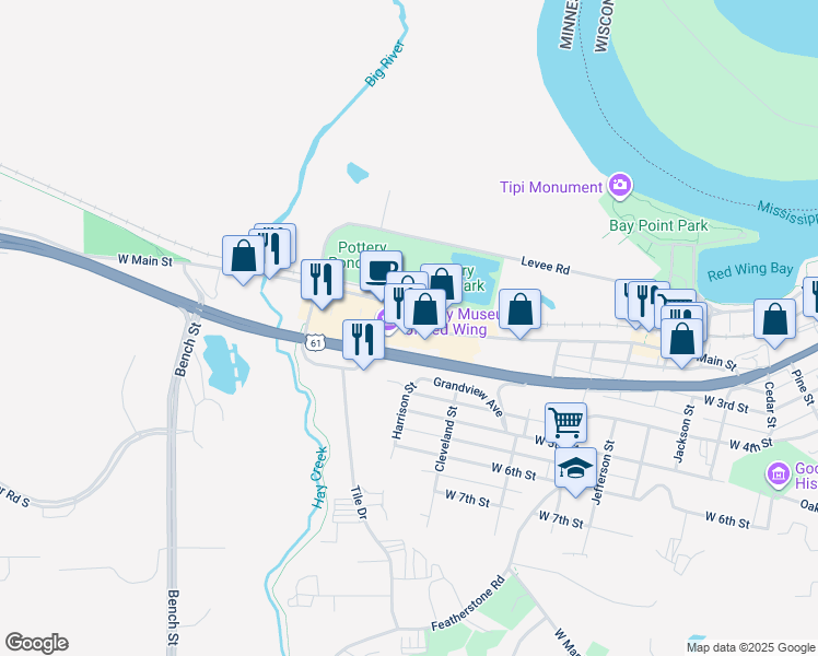 map of restaurants, bars, coffee shops, grocery stores, and more near 240 Harrison Street in Red Wing