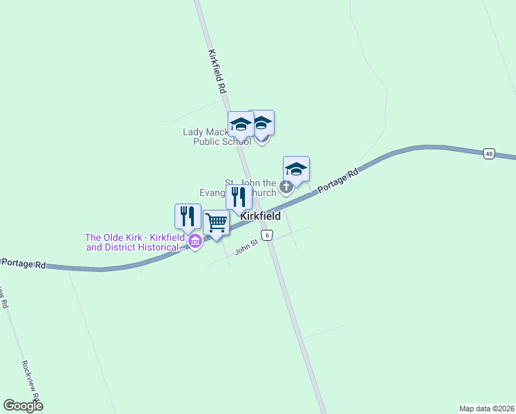 map of restaurants, bars, coffee shops, grocery stores, and more near 1771 Kirkfield Road in Kirkfield
