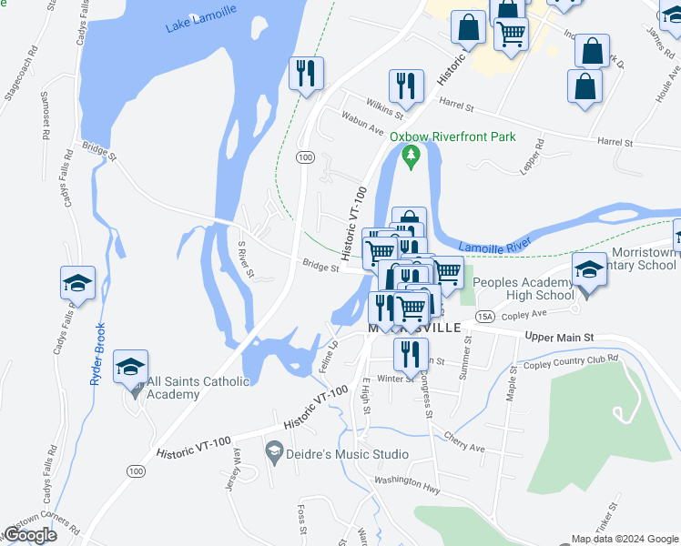 map of restaurants, bars, coffee shops, grocery stores, and more near 171 Bridge Street in Morristown