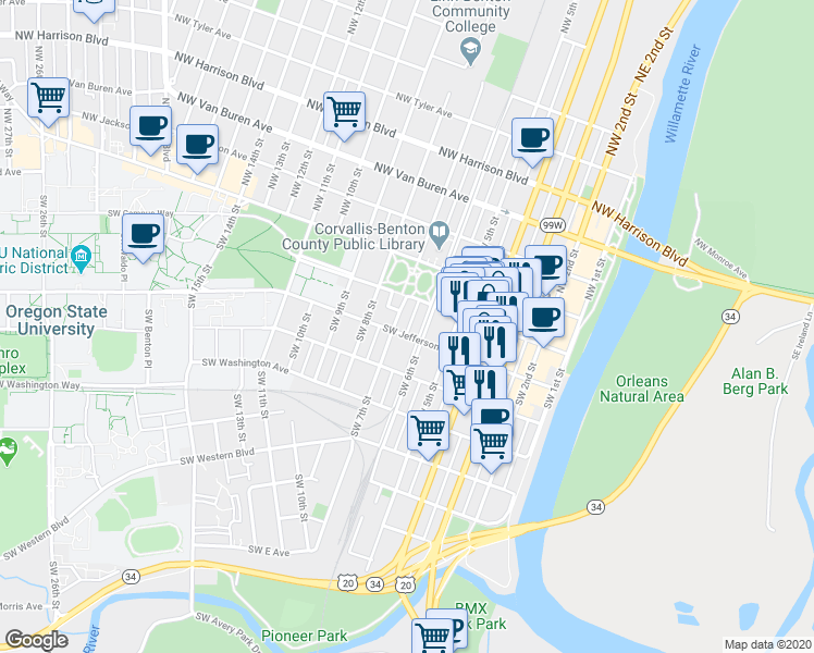 map of restaurants, bars, coffee shops, grocery stores, and more near 605 Southwest Jefferson Avenue in Corvallis