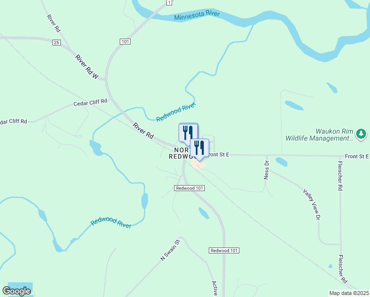 map of restaurants, bars, coffee shops, grocery stores, and more near Main Street North in Redwood Falls