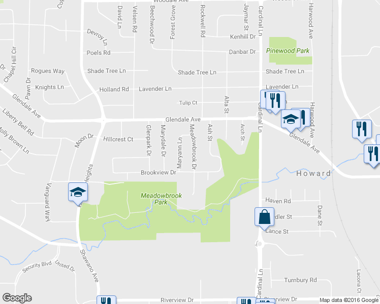 map of restaurants, bars, coffee shops, grocery stores, and more near 829 Meadowbrook Drive in Green Bay