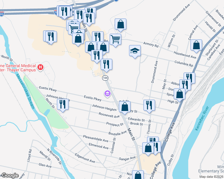 map of restaurants, bars, coffee shops, grocery stores, and more near 94-96 Hughey Street in Waterville