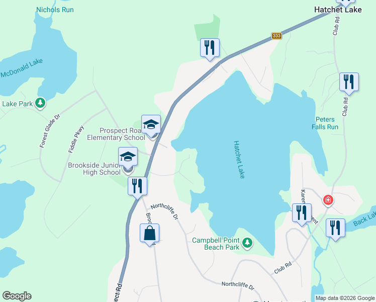 map of restaurants, bars, coffee shops, grocery stores, and more near 28 Mersey Court in Hatchet Lake