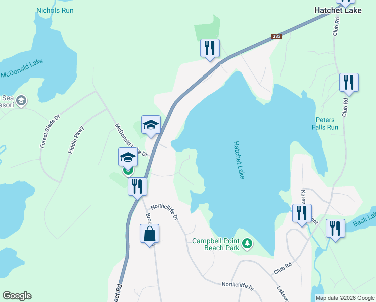 map of restaurants, bars, coffee shops, grocery stores, and more near 28 Mersey Court in Hatchet Lake