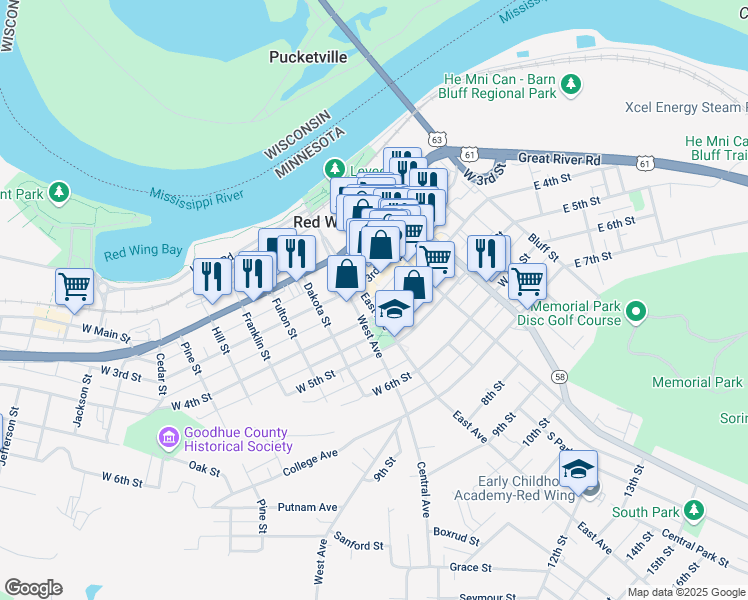 map of restaurants, bars, coffee shops, grocery stores, and more near 315 East Avenue in Red Wing