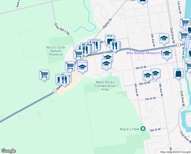 map of restaurants, bars, coffee shops, grocery stores, and more near 825 9th Street West in Owen Sound
