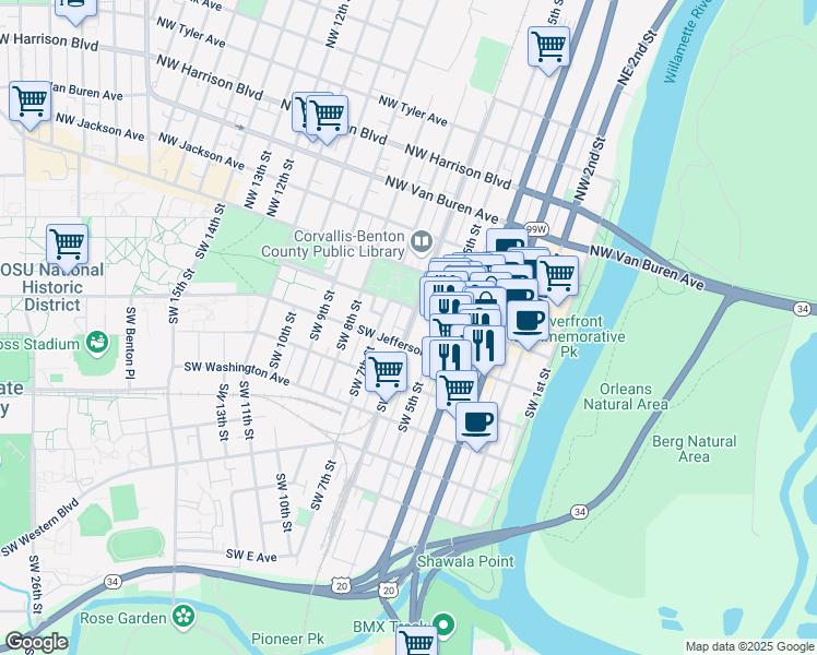 map of restaurants, bars, coffee shops, grocery stores, and more near 605 Southwest Jefferson Avenue in Corvallis