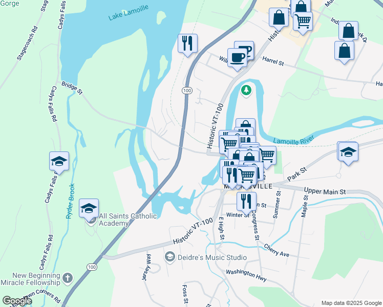 map of restaurants, bars, coffee shops, grocery stores, and more near 217 Bridge Street in Morristown