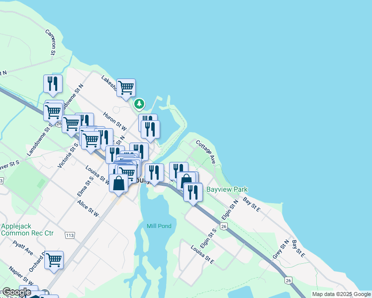 map of restaurants, bars, coffee shops, grocery stores, and more near 18 Bay Street East in The Blue Mountains