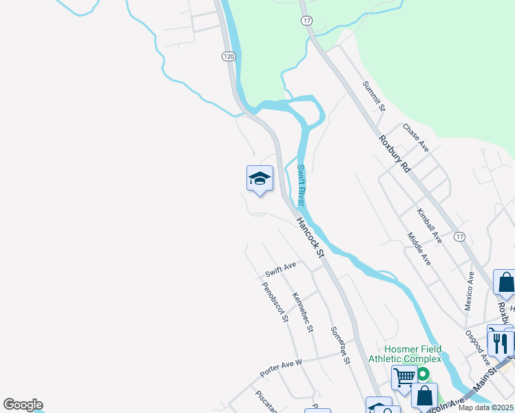 map of restaurants, bars, coffee shops, grocery stores, and more near 799 Hancock Street in Rumford