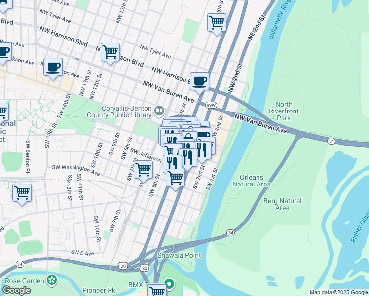 map of restaurants, bars, coffee shops, grocery stores, and more near 361 Southwest Madison Avenue in Corvallis