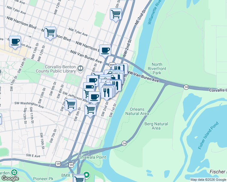 map of restaurants, bars, coffee shops, grocery stores, and more near in Corvallis