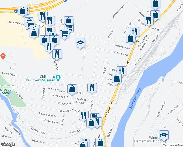 map of restaurants, bars, coffee shops, grocery stores, and more near 38 Spruce Street in Waterville