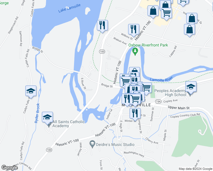 map of restaurants, bars, coffee shops, grocery stores, and more near 217 Bridge Street in Morristown