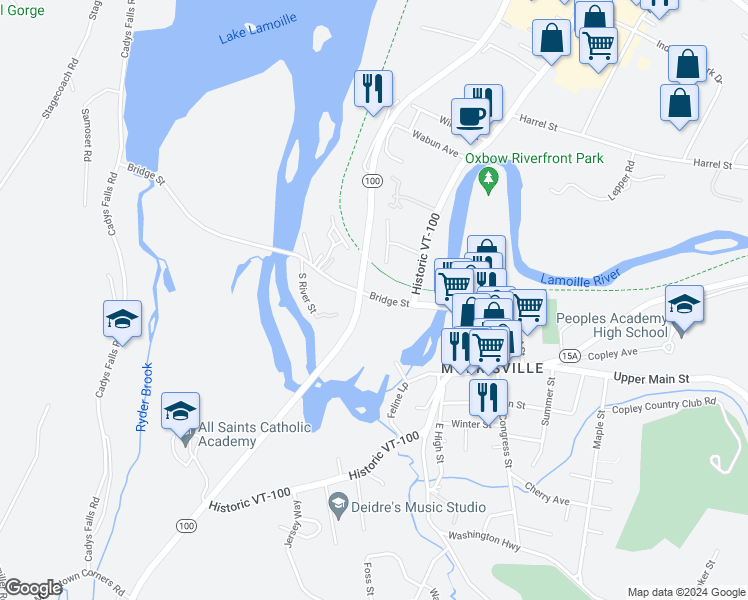map of restaurants, bars, coffee shops, grocery stores, and more near 217 Bridge Street in Morristown