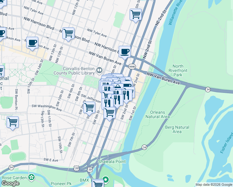 map of restaurants, bars, coffee shops, grocery stores, and more near 361 Southwest Madison Avenue in Corvallis