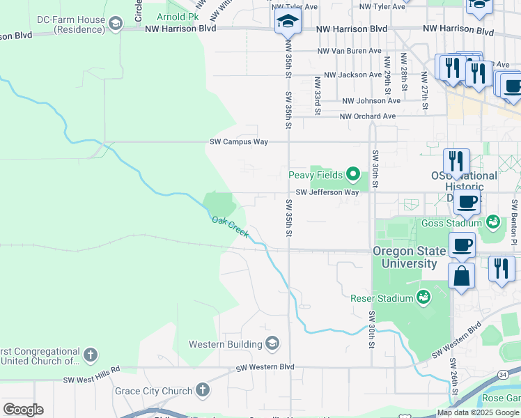map of restaurants, bars, coffee shops, grocery stores, and more near 3550 Southwest Jefferson Way in Corvallis