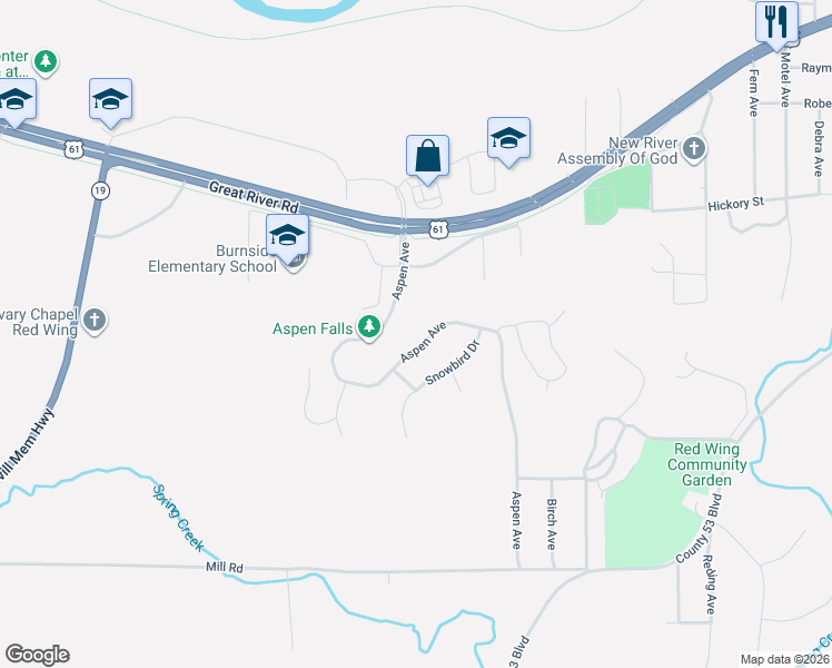 map of restaurants, bars, coffee shops, grocery stores, and more near 640 Aspen Avenue in Red Wing