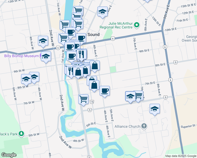 map of restaurants, bars, coffee shops, grocery stores, and more near 774 4th Avenue East in Owen Sound