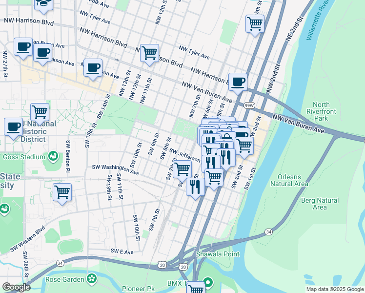 map of restaurants, bars, coffee shops, grocery stores, and more near 227 Southwest 7th Street in Corvallis