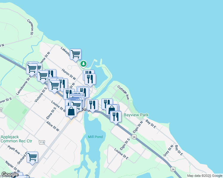 map of restaurants, bars, coffee shops, grocery stores, and more near 18 Bay Street East in The Blue Mountains