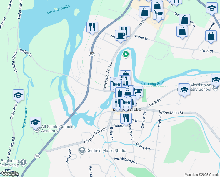 map of restaurants, bars, coffee shops, grocery stores, and more near 171 Bridge Street in Morristown