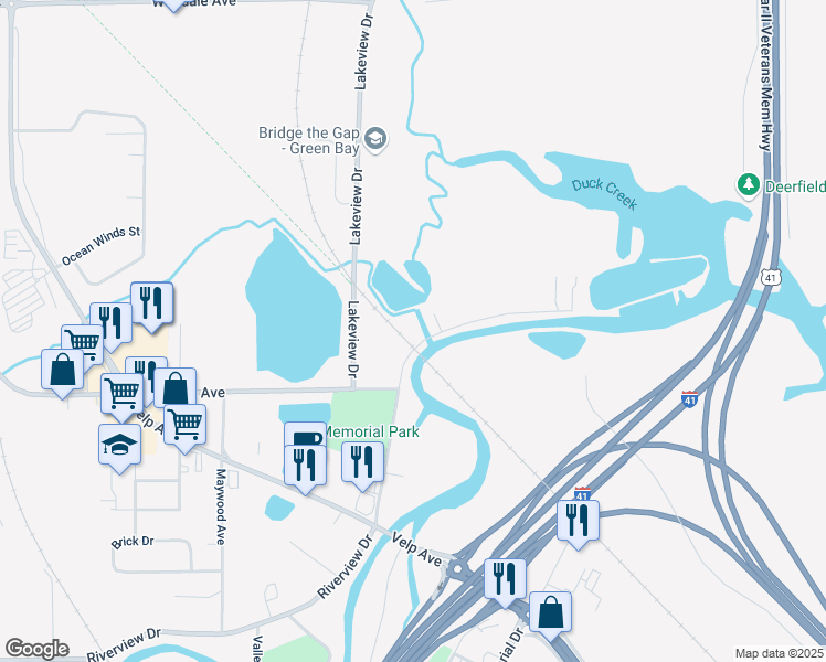 map of restaurants, bars, coffee shops, grocery stores, and more near 915 Riverview Drive in Green Bay