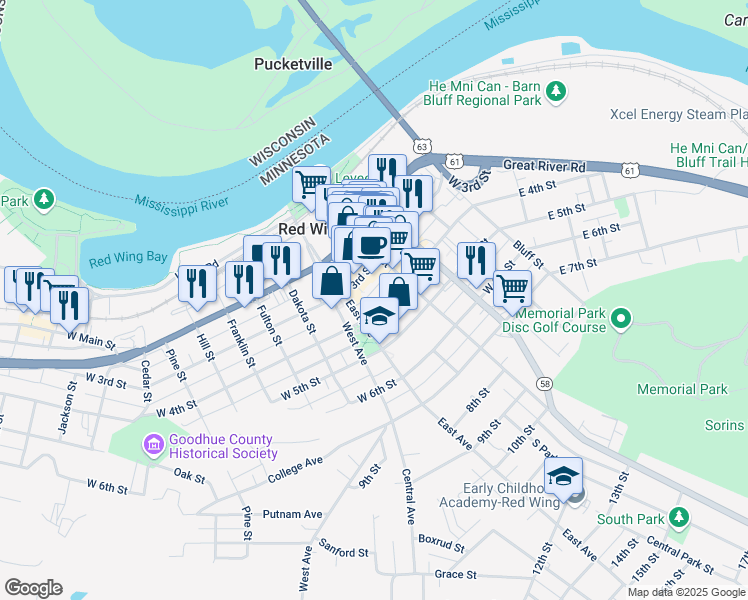 map of restaurants, bars, coffee shops, grocery stores, and more near 315 East Avenue in Red Wing