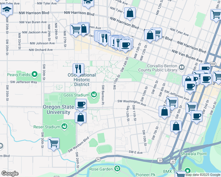 map of restaurants, bars, coffee shops, grocery stores, and more near 1500 Southwest Jefferson Avenue in Corvallis