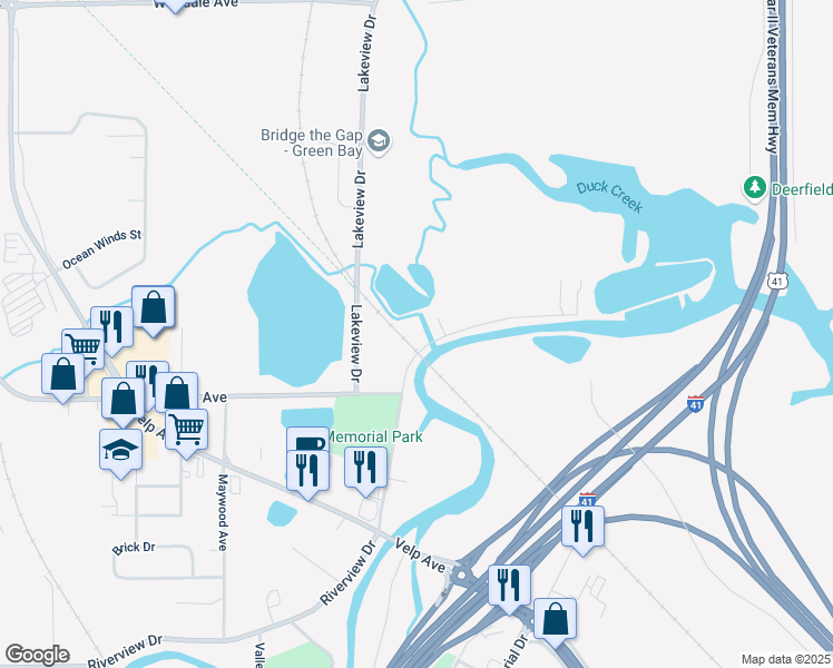 map of restaurants, bars, coffee shops, grocery stores, and more near 915 Riverview Drive in Green Bay