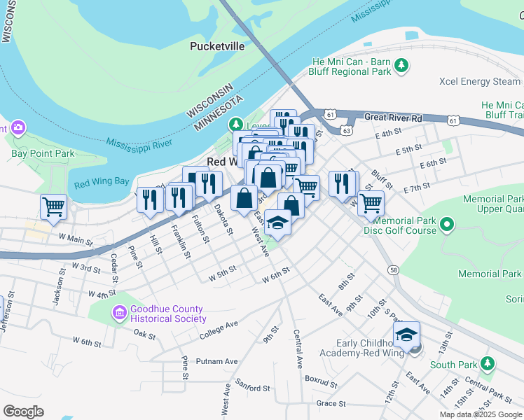map of restaurants, bars, coffee shops, grocery stores, and more near 443 West 3rd Street in Red Wing