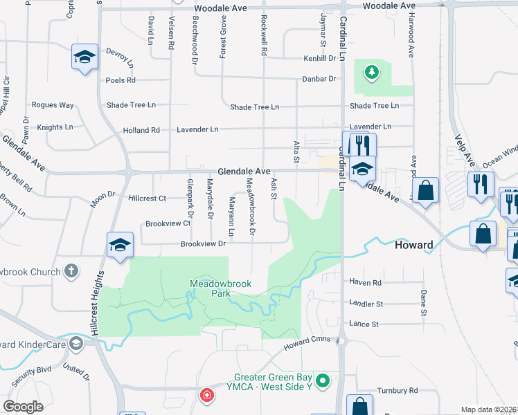 map of restaurants, bars, coffee shops, grocery stores, and more near 829 Meadowbrook Drive in Green Bay