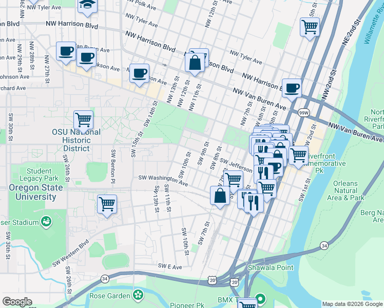 map of restaurants, bars, coffee shops, grocery stores, and more near 327 Southwest 9th Street in Corvallis